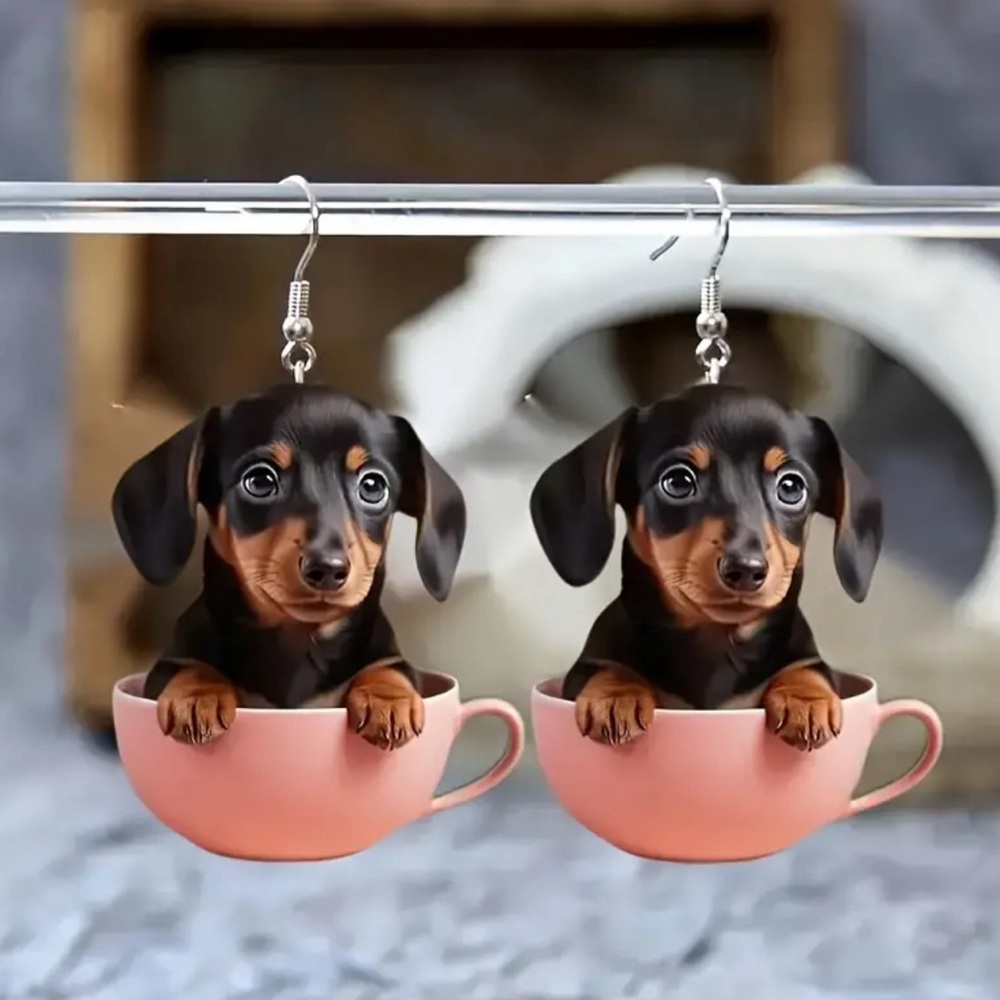 Adorable puppy dachshund, and a pink teacup earrings - Picture 2 of 4